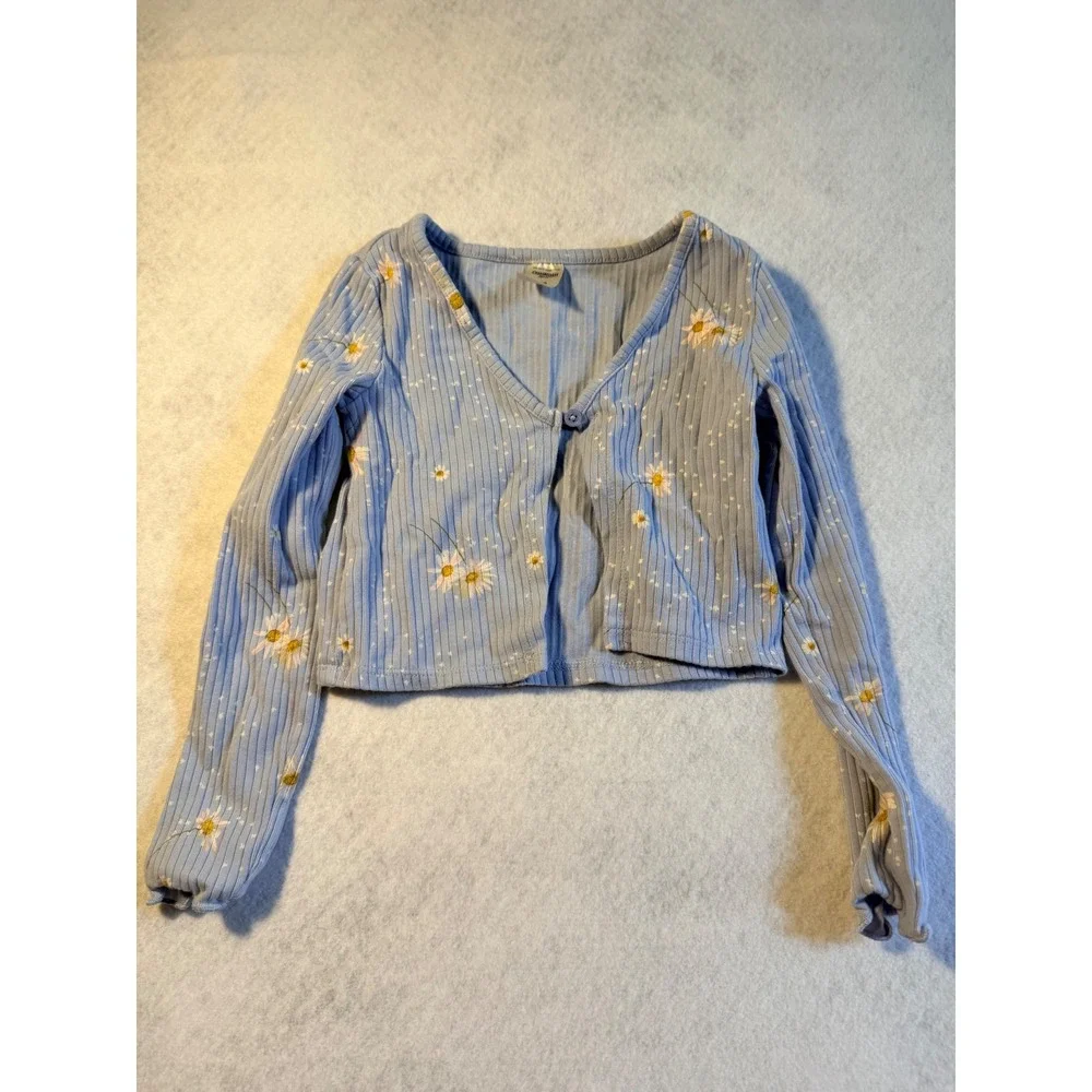 OshKosh B'gosh Girls Blue Daisy Floral Ribbed Cropped Cardigan Sweater Size 5/5A
